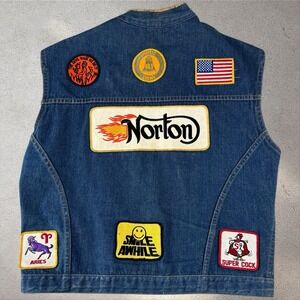 Vintage 70s Gauchos Denim Biker Vest Norton Motorcycle Patches Hippie Union Made